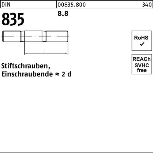 Stiftschraube DIN 835 M8x 40 8.8 Einschraubende=2d 100 Stück