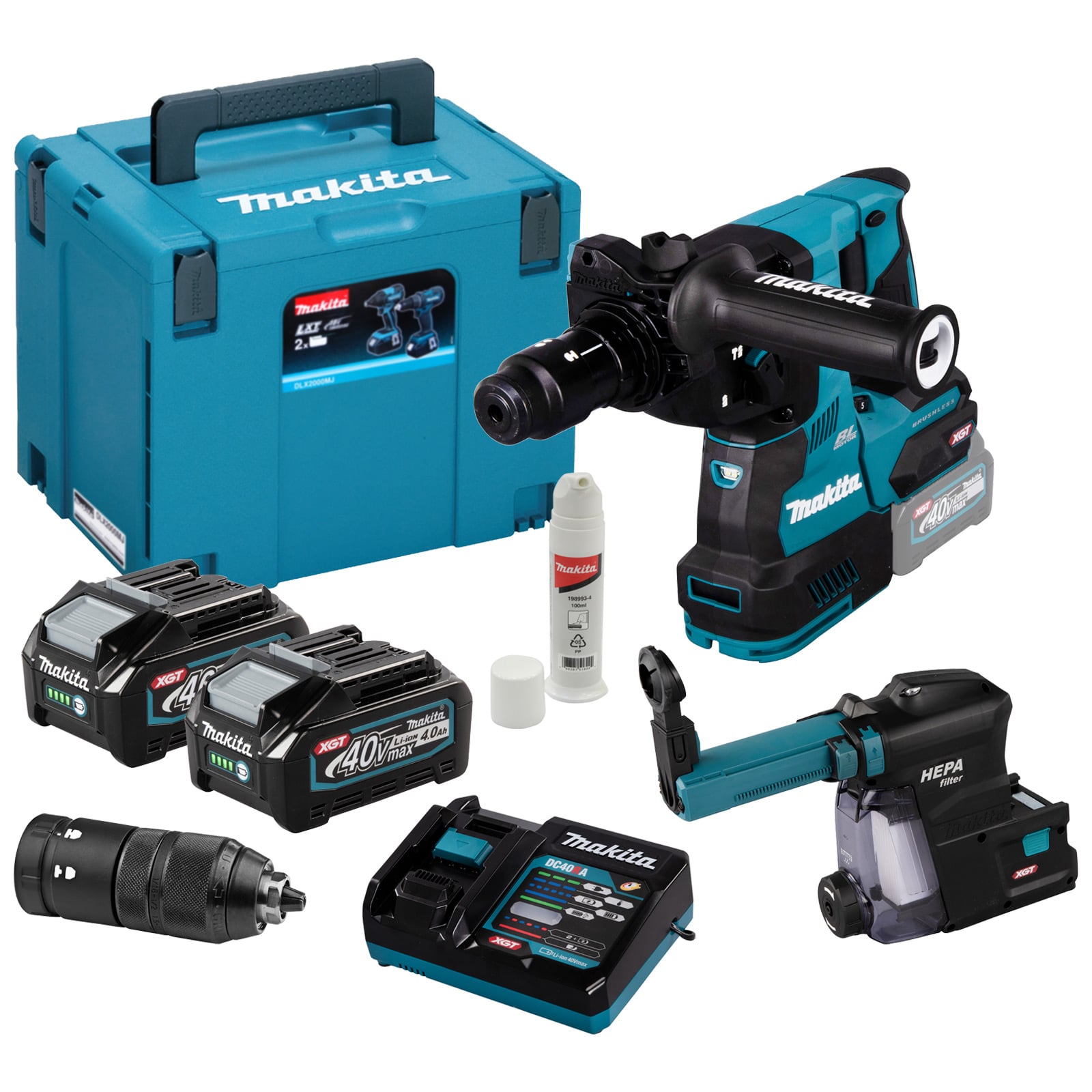 Makita HR004GM202 Akku-Kombihammer SDS-PLUS 40V max. / 2x 4,0 Ah Akku + Ladegerät inkl. Staubabsaugung DX14 im Makpac