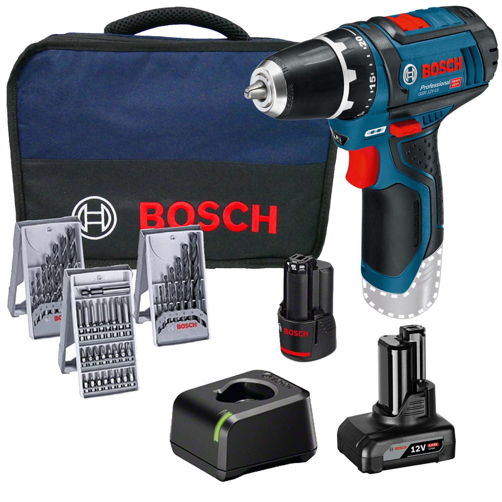 Bosch Akku-Bohrschrauber GSR 12V-15 / 1x 2,0 Ah + 1x 4,0 Ah Akku + Ladegerät inkl. Bit- und Bohrer-Set im Softbag - 0615990G6L