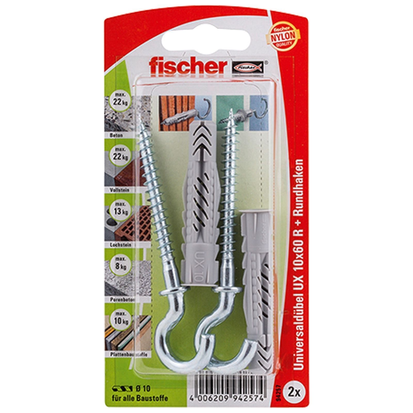 Fischer 2x Universaldübel UX 10x60 R RH mit Rundhaken - 94257
