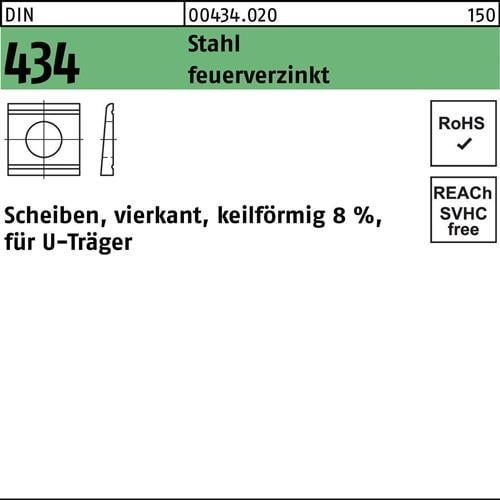 U-Scheibe DIN 434 vierkant keilförmig 9 Stahl feuerverz. Neigung 8% 100 Stück