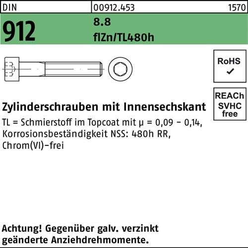 Zylinderschraube DIN 912 Innen-6kt M10x40 8.8 flZnnc 480h-L 100St.