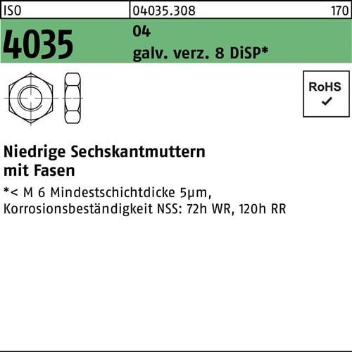 Sechskantmutter ISO 4035 niedrig Fasen M4 Automatenstahl verz. 8 DiSP 1000St.