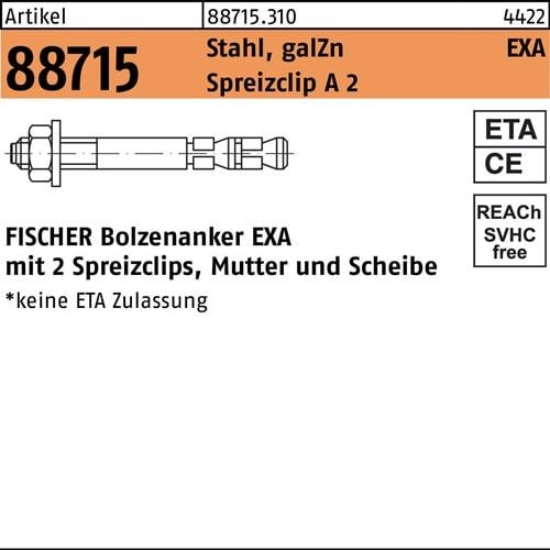 Bolzenanker R 88715 EXA 8/05 Stahl galv.verz./Spreizclip A2 50St. FISCHER