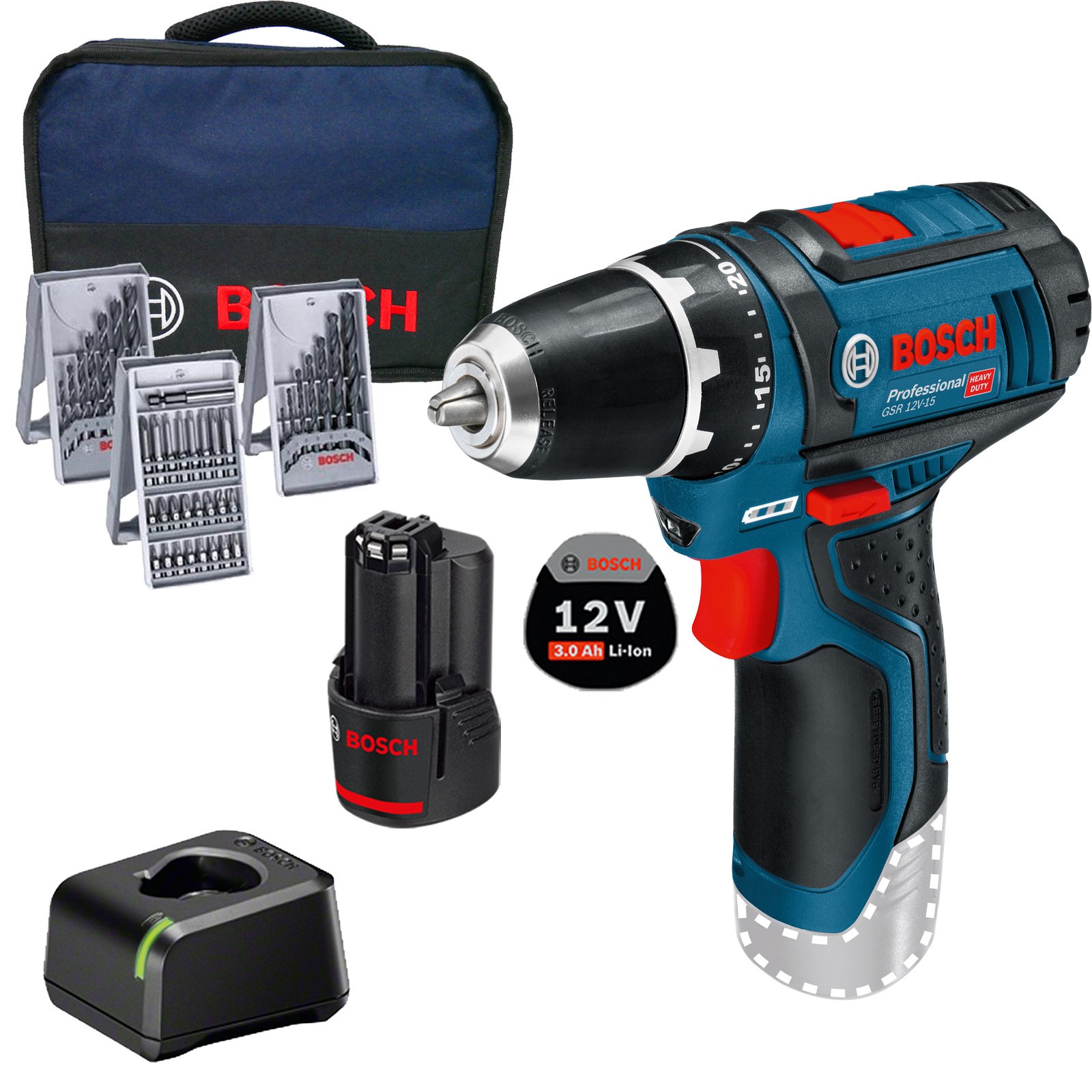 Bosch Akku-Bohrschrauber GSR 12V-15 / 1x 3,0 Ah Akku + Ladegerät inkl. Zubehör im Softbag Bosch Akku-Bohrschrauber GSR 12V-15 / 1x 3,0 Ah Akku + Ladegerät inkl. Zubehör im Softbag