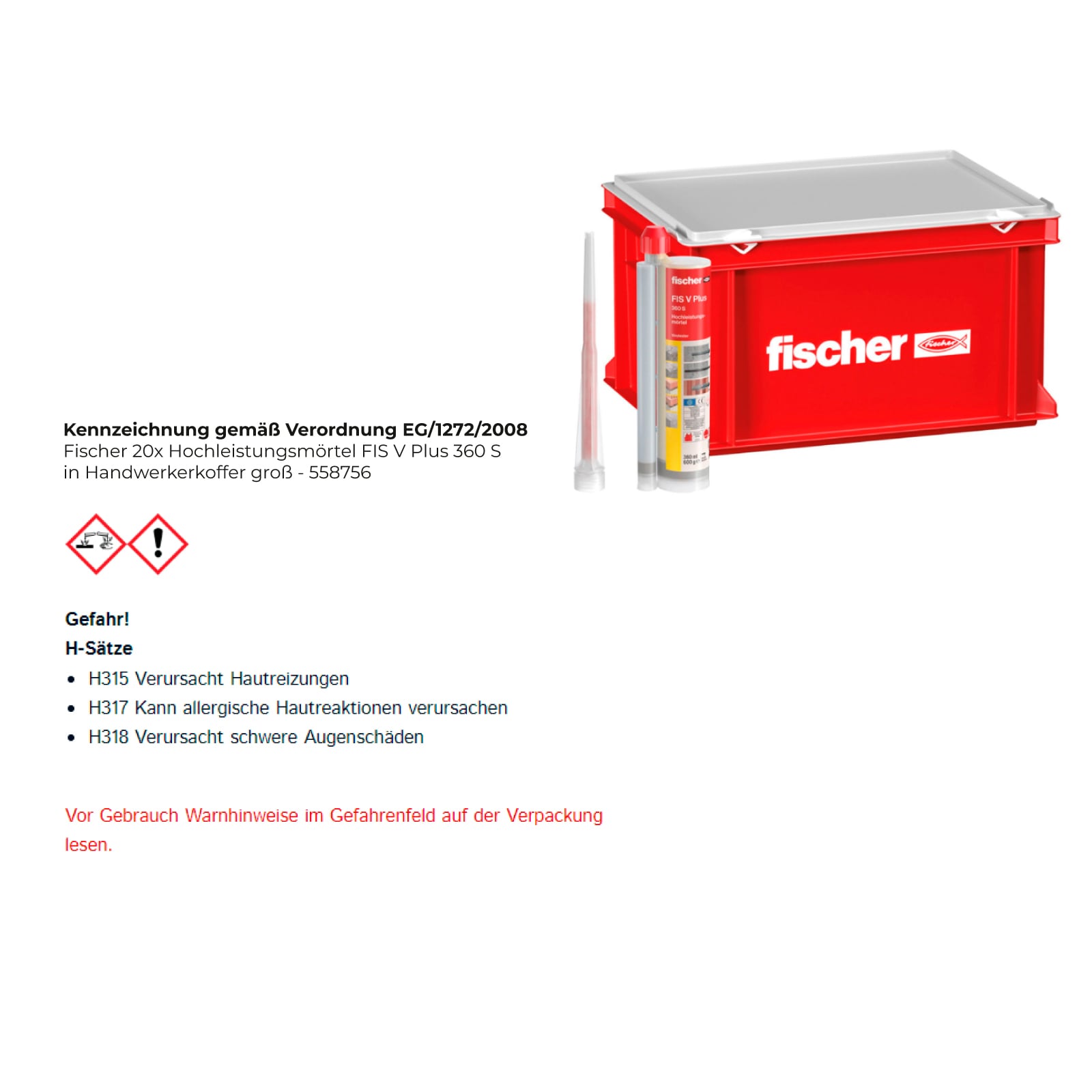 Fischer 20x Hochleistungsmörtel FIS V Plus 360 S in Handwerkerkoffer groß - 558756