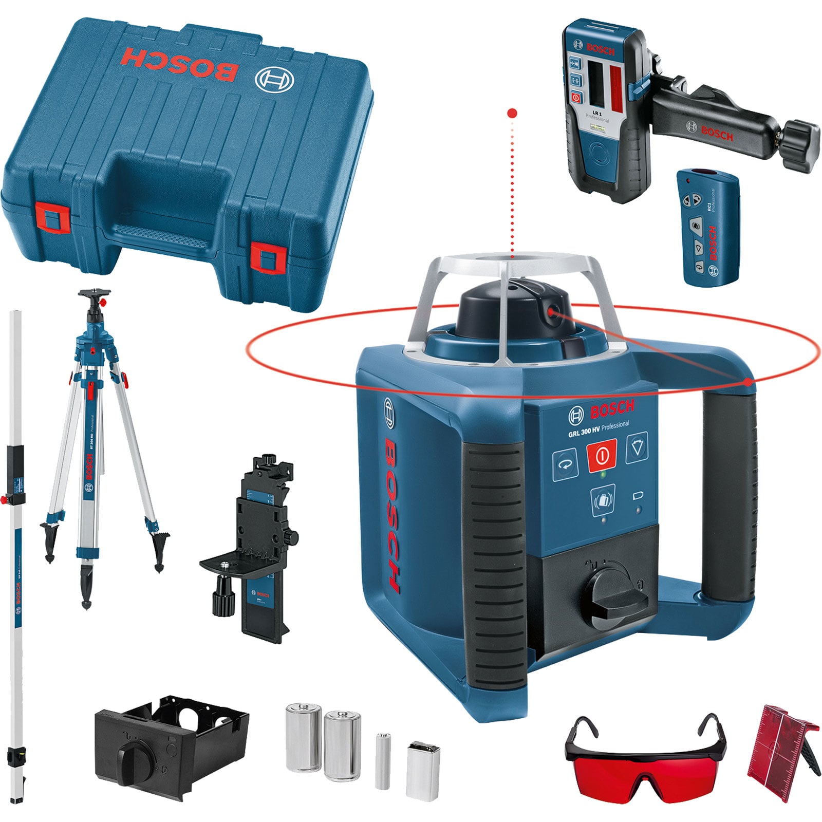 Bosch Rotationslaser GRL 300 HV inkl. RC1 + WM4 + LR 1 + BT 300 HD und GR 240 im Koffer - 061599403Y