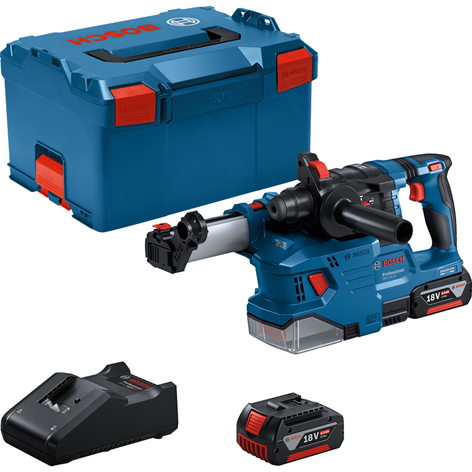 Bosch Akku-Bohrhammer mit SDS plus GBH 18V-22 mit Absaugung / 2x 4,0 Ah Akku 4,0 Ah + Ladegerät  in L-Boxx