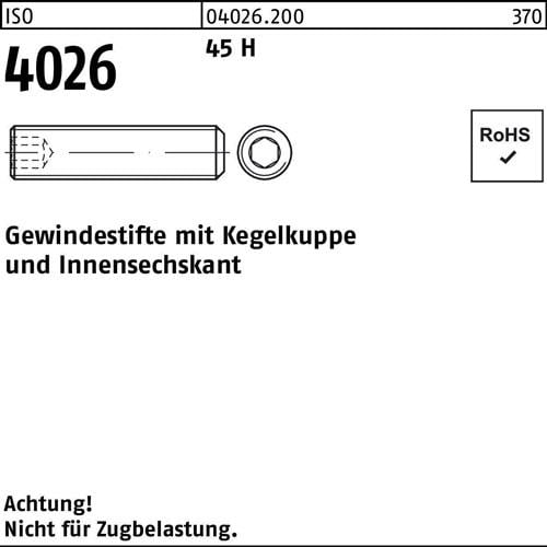 Gewindestift ISO 4026 Kegelkuppe/Innen-6kt M4x 3 45 H 1000 Stück