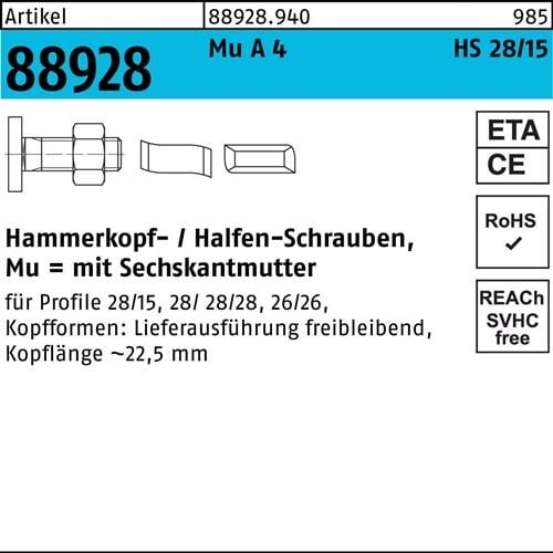 Hammerkopfschraube R 88928 28/15 6-ktmutter M10x 80 Mu A 4 25St. HALFEN