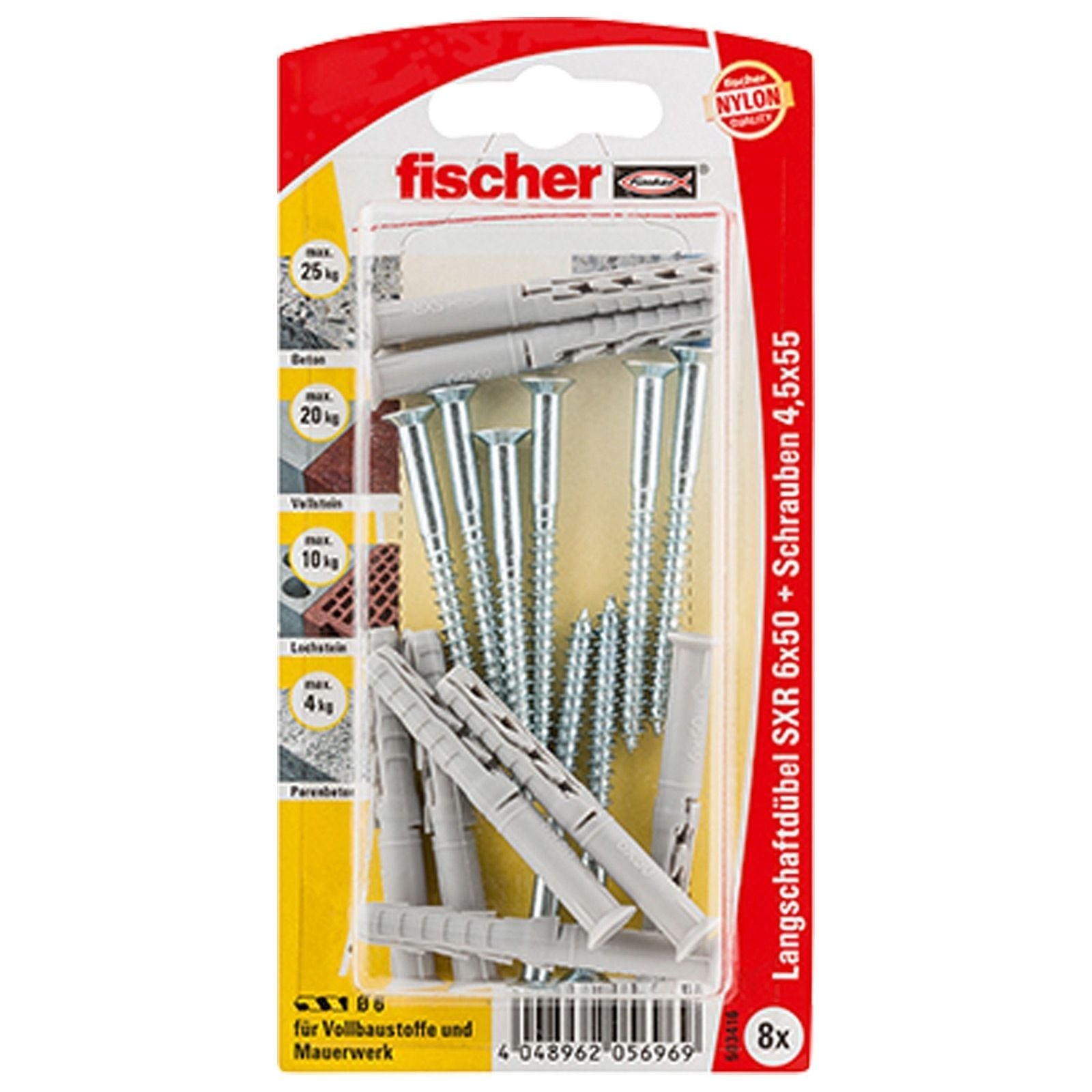 Fischer 8x Langschaftdübel SXR 6x50 Z Senkkopfschraube (PZ) - 503416