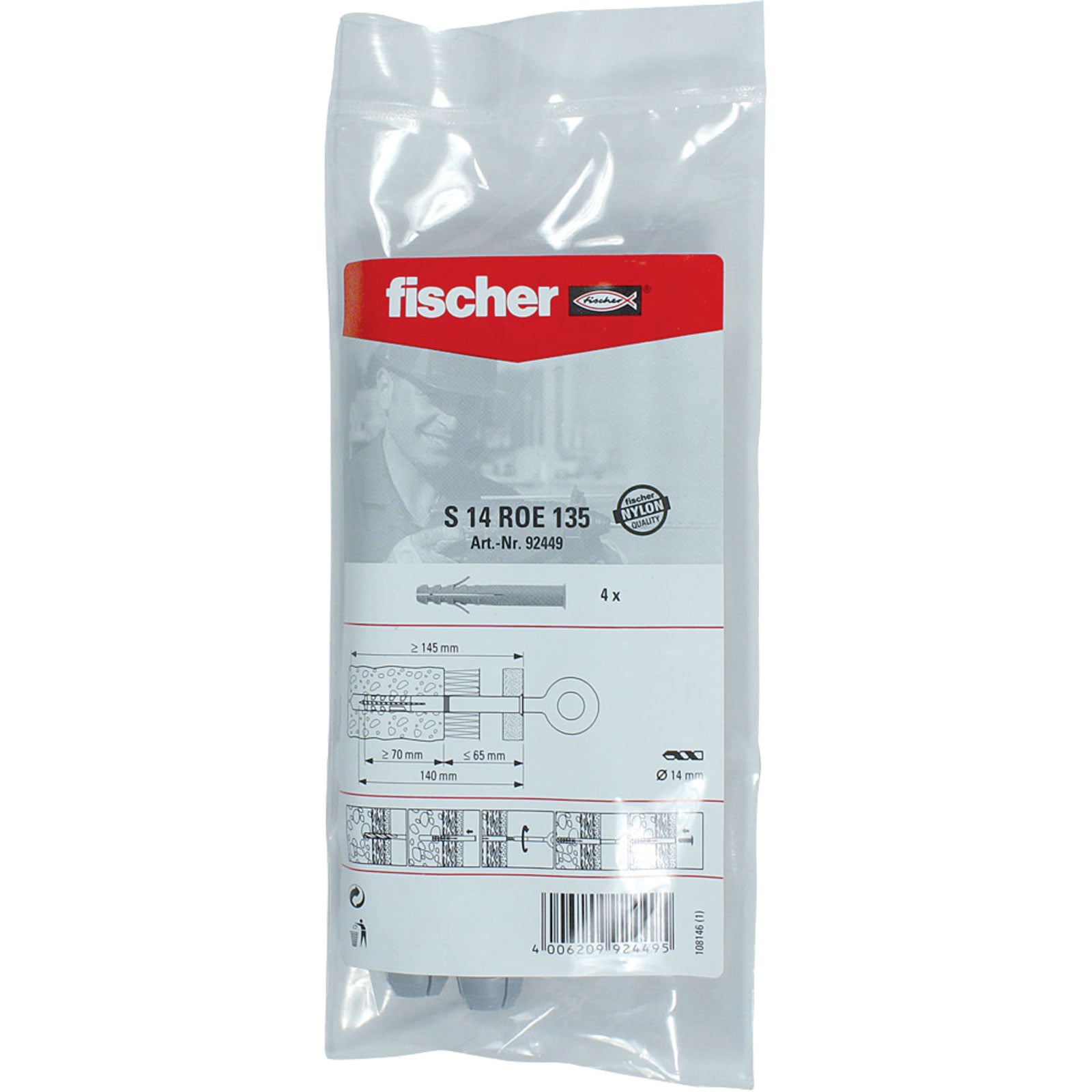 Fischer 4x Dübel S 14 ROE 135 B Beutel - 092449