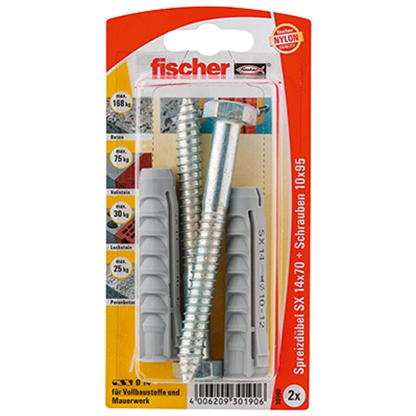Fischer 2x Dübel SX 14x70 S mit Schraube - 30190 Auslauf