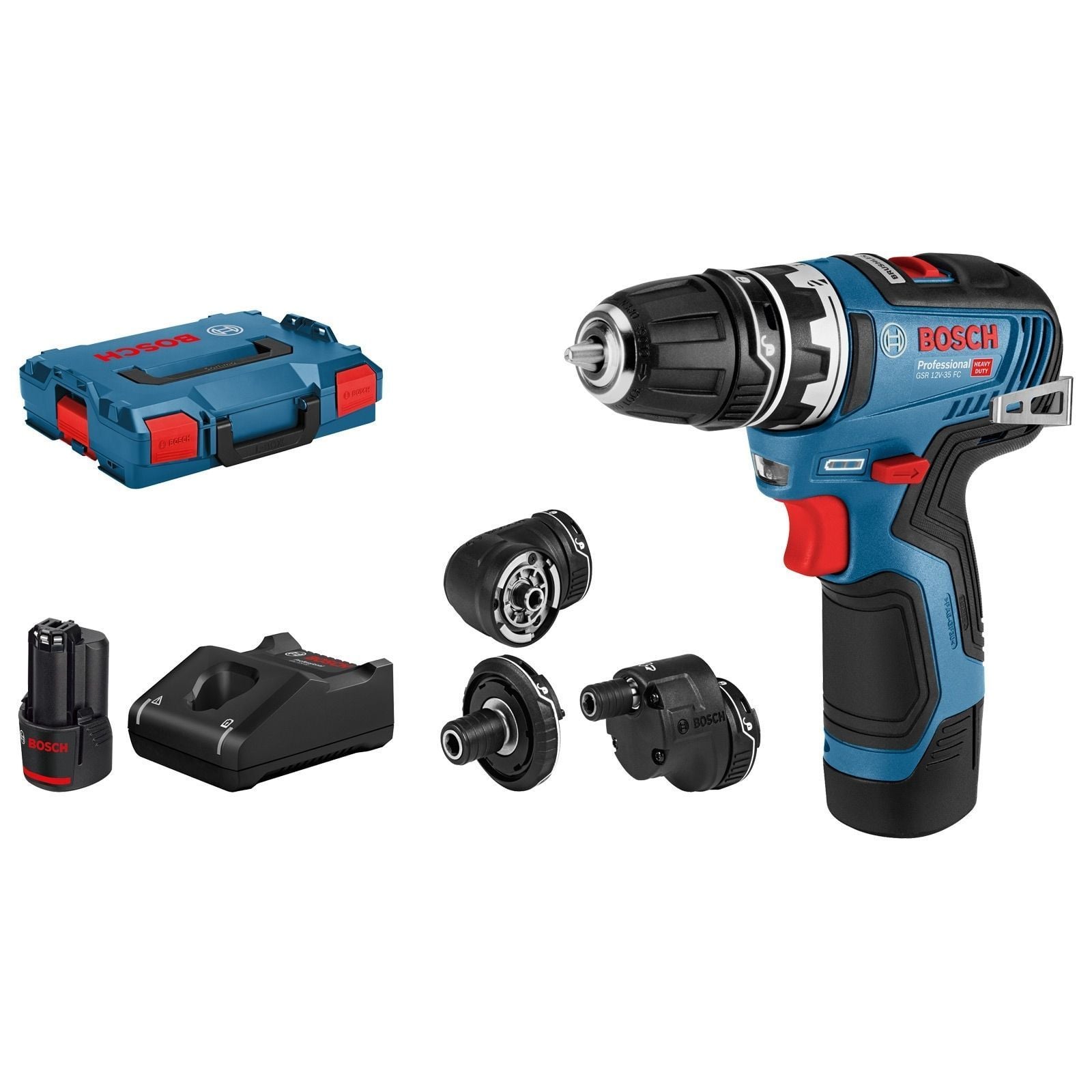 Bosch Akku-Bohrschrauber GSR 12V-35 FC FlexiClick 12 V / 2x 3,0 Ah Akku + Ladegerät inkl. 4 Aufsätzen in L-Boxx - 06019H3000