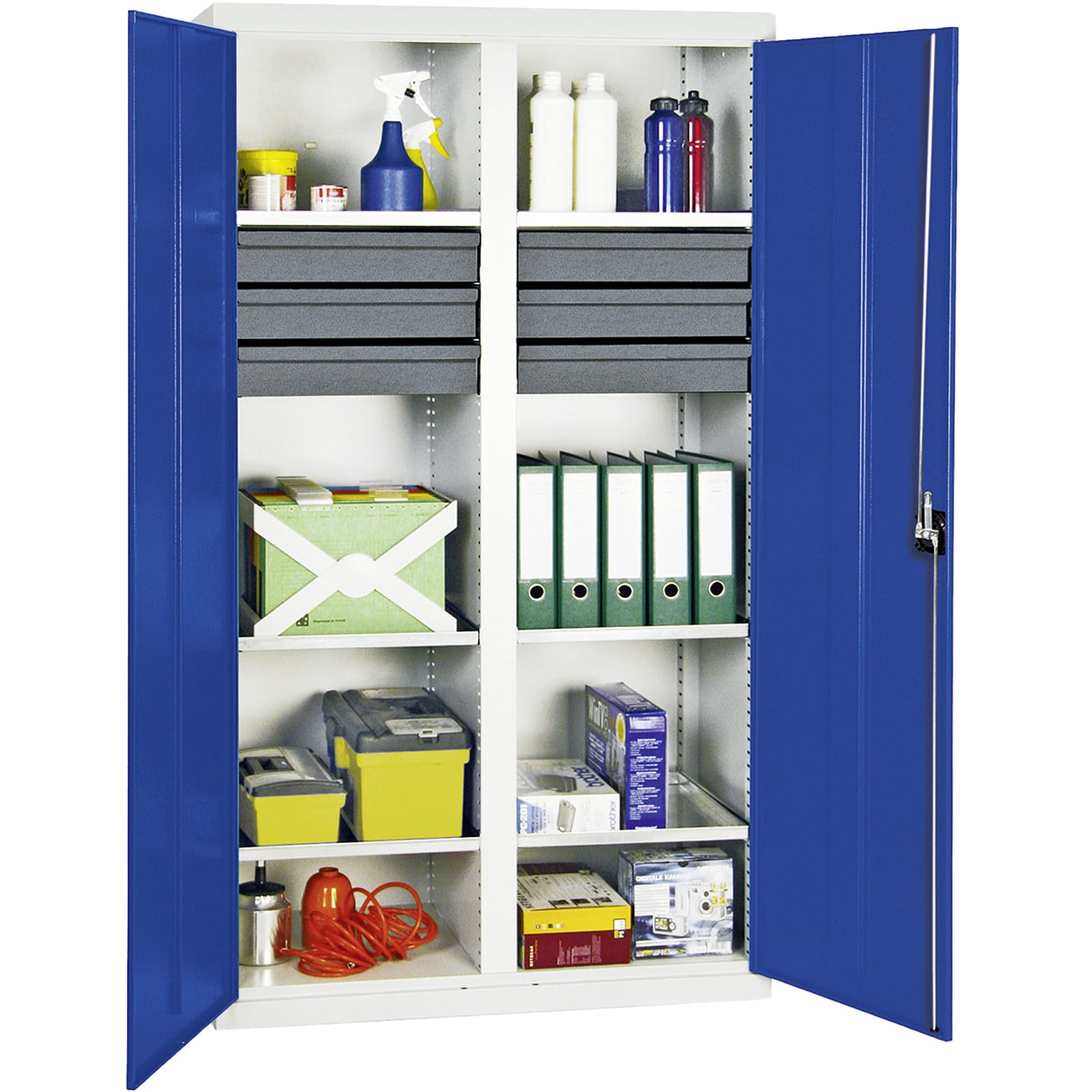 Stumpf Werkzeug- und Materialschrank Serie 3000 lichtgrau / enzianblau + 6 Schublade 100 mm + Mitteltrennwand + 6 Auszugsböden - 3004274