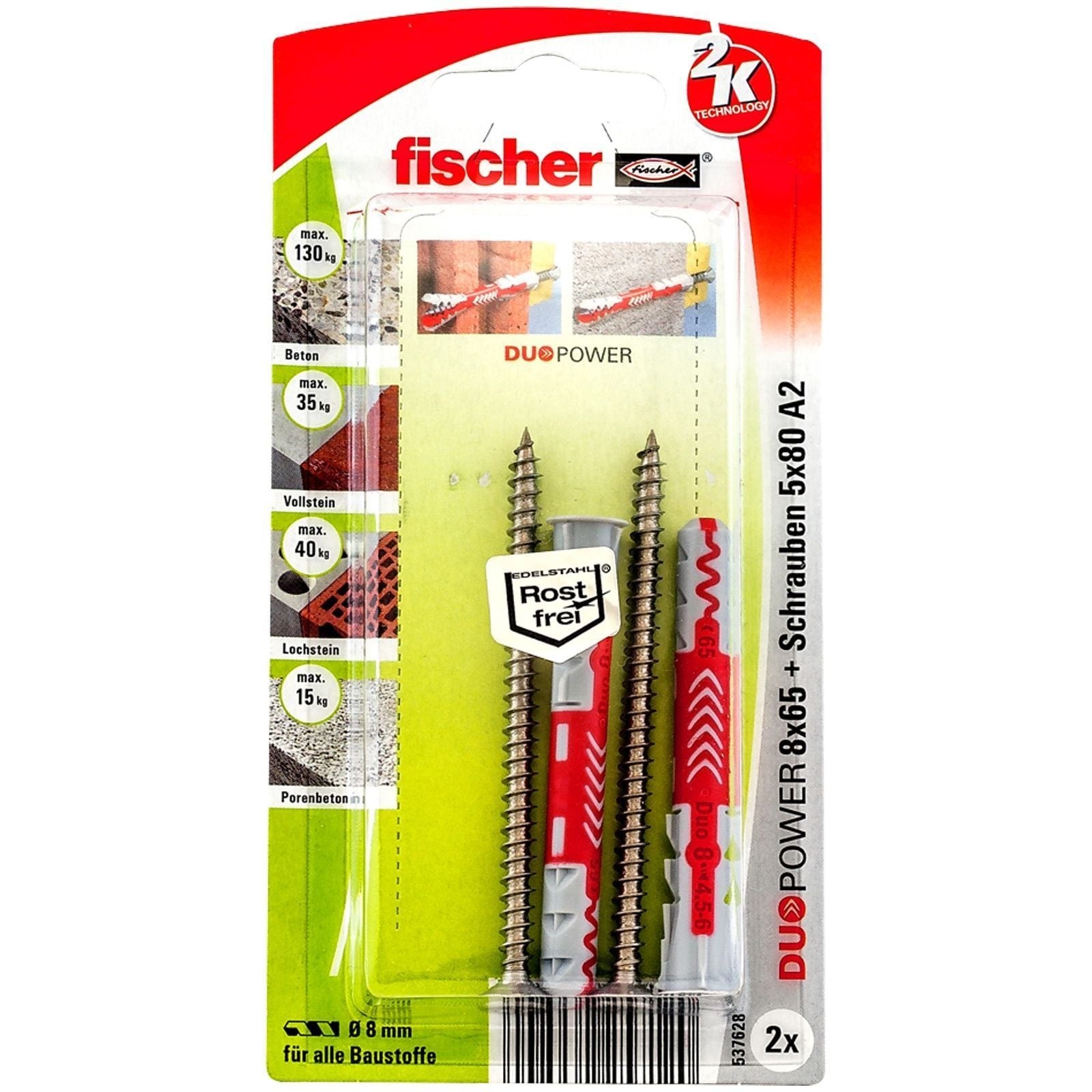 Fischer 2x DUOPOWER 8x65 S Schraube nicht rostender Stahl A2 - 537628
