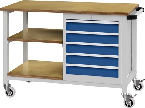Werkbank B1200xT540xH880mm Buche Multiplex lichtgrau/signalblau 5 Schubl. - 04.512.05 7035/5005
