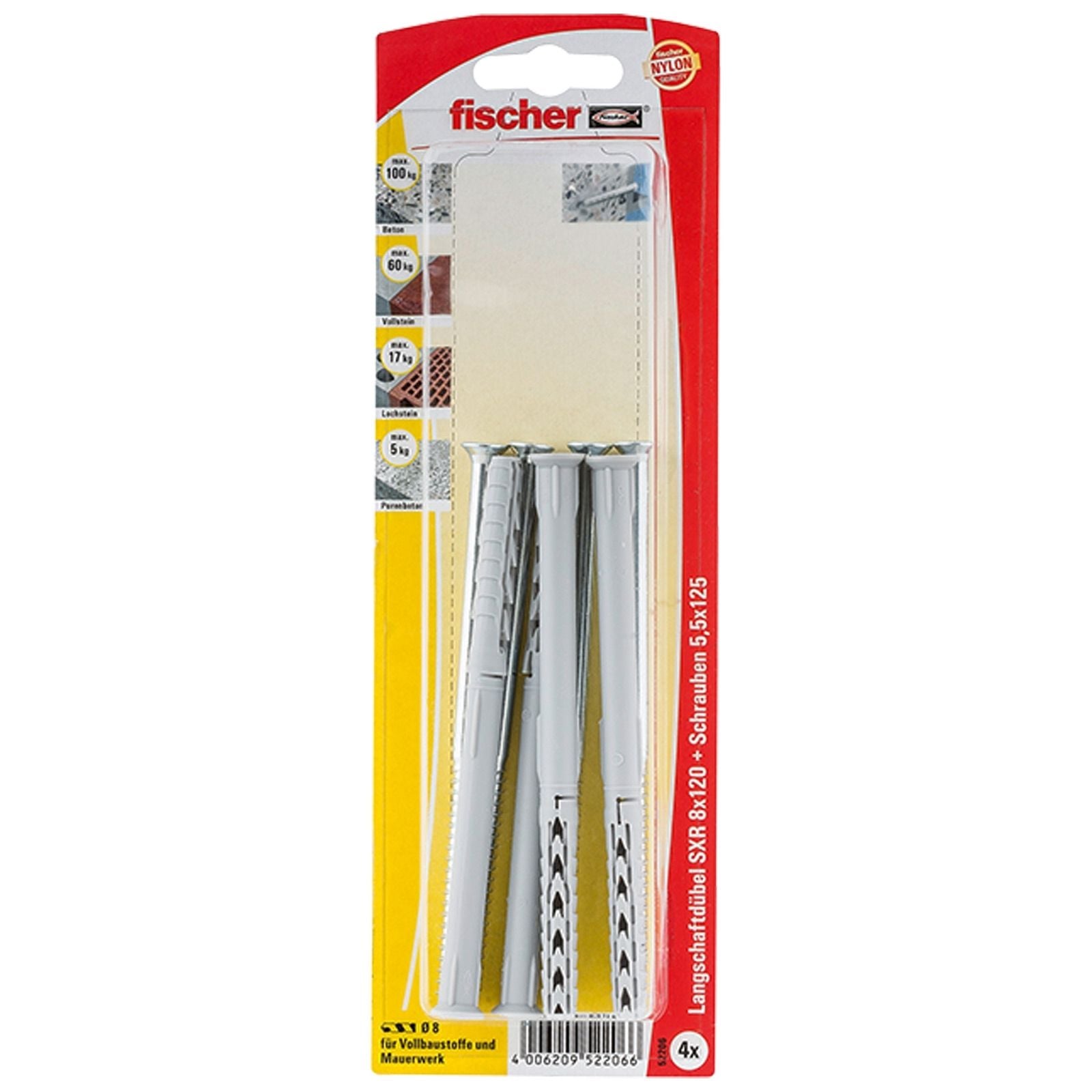 Fischer 4x Langschaftdübel SXR 8x120 Z Senkkopfschraube (PZ) - 52206