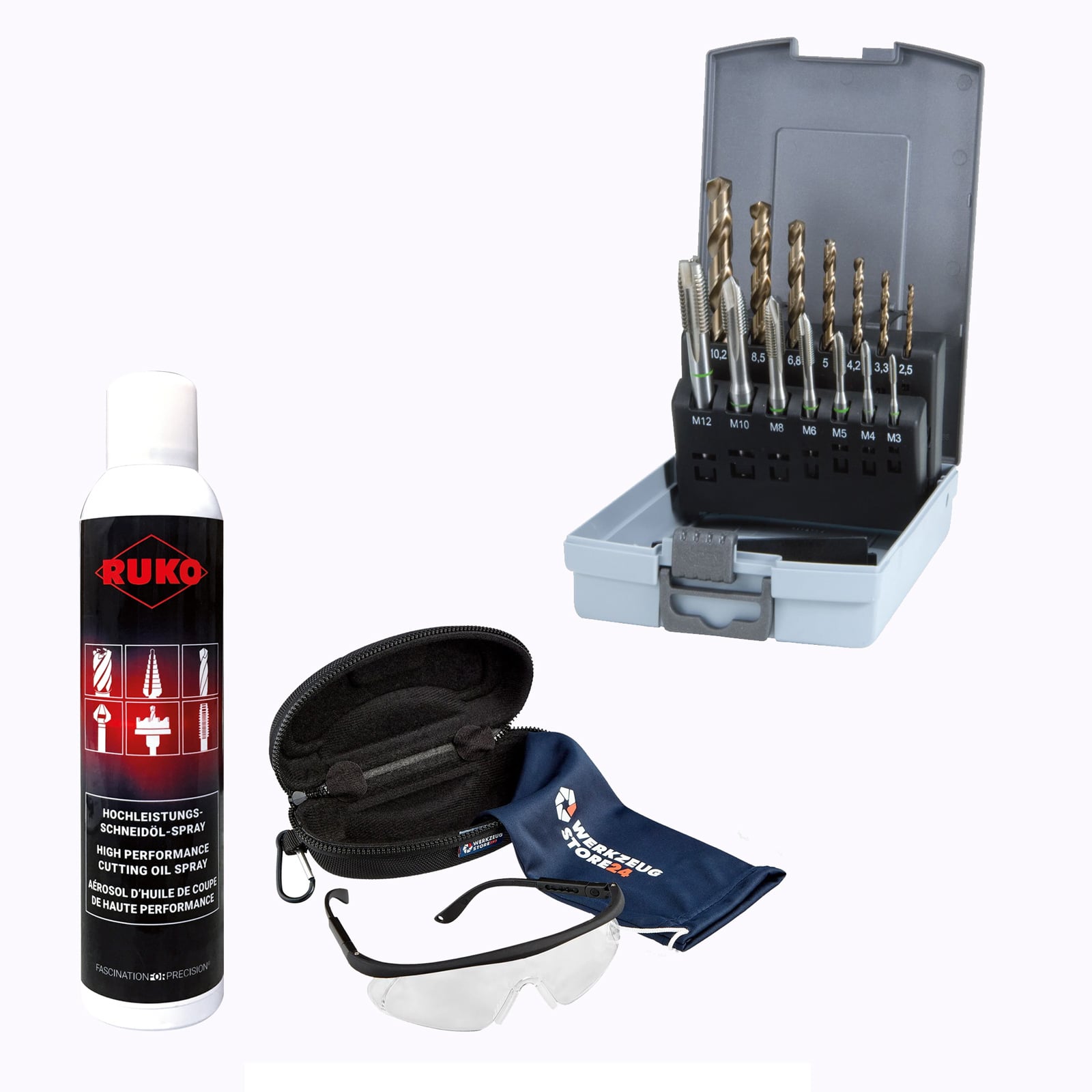 RUKO Maschinengewindebohrer-Set HSS-Co, 14tlg., M3–M12, DIN 371/376 inkl. Spray & Schutzbrille - WZS245051RO