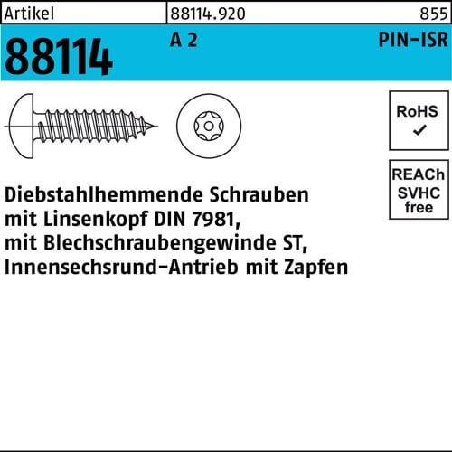 Schraube R 88114 diebstahlh. Liko ISR Zapfen 4,8x 38 A 2 100 Stück