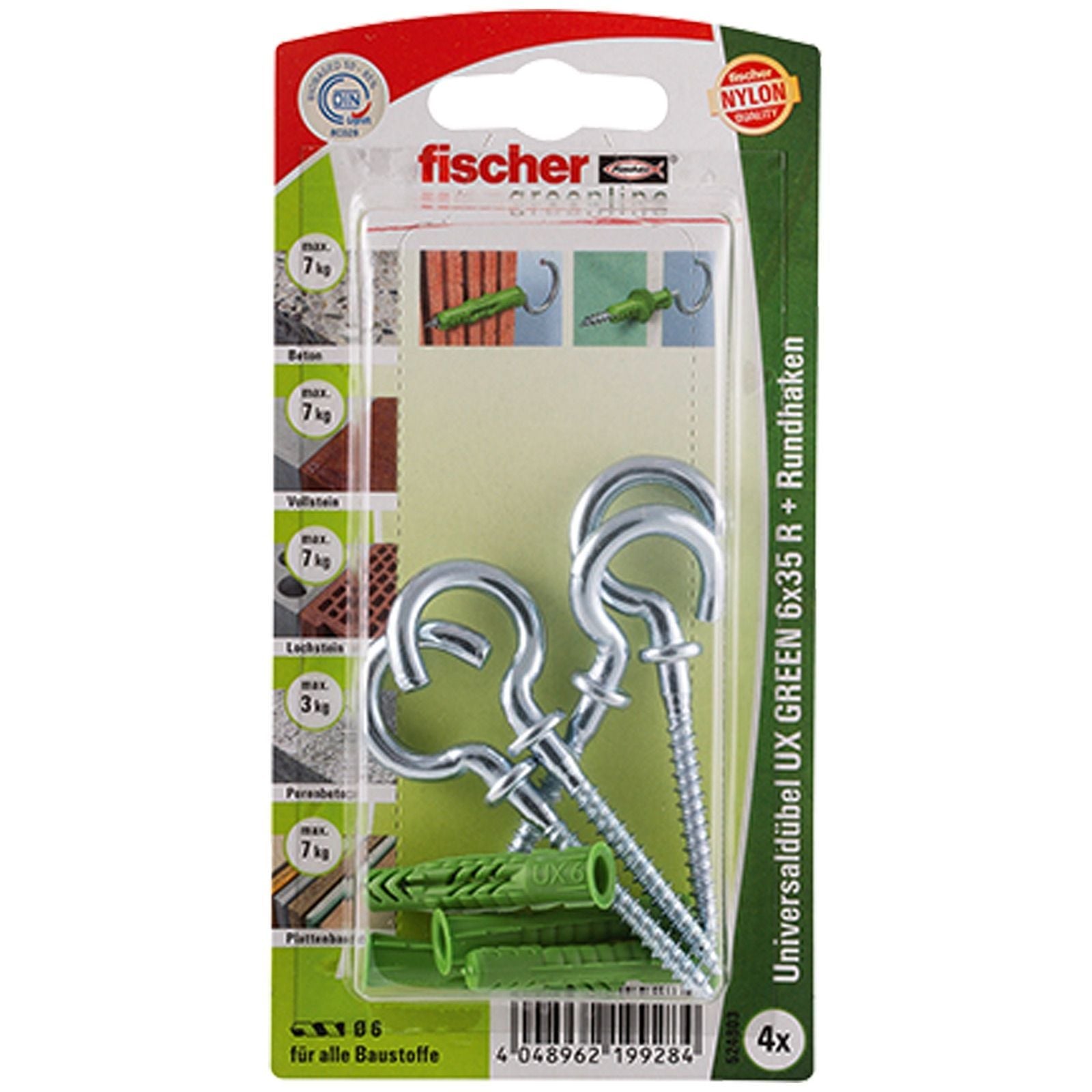 Fischer 4x Universaldübel GREEN UX 6x35 R RH mit Rand und Rundhaken - 524803