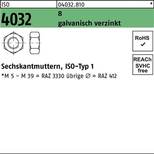 Sechskantmutter ISO 4032 M18 8 galv.verz. 100 Stück