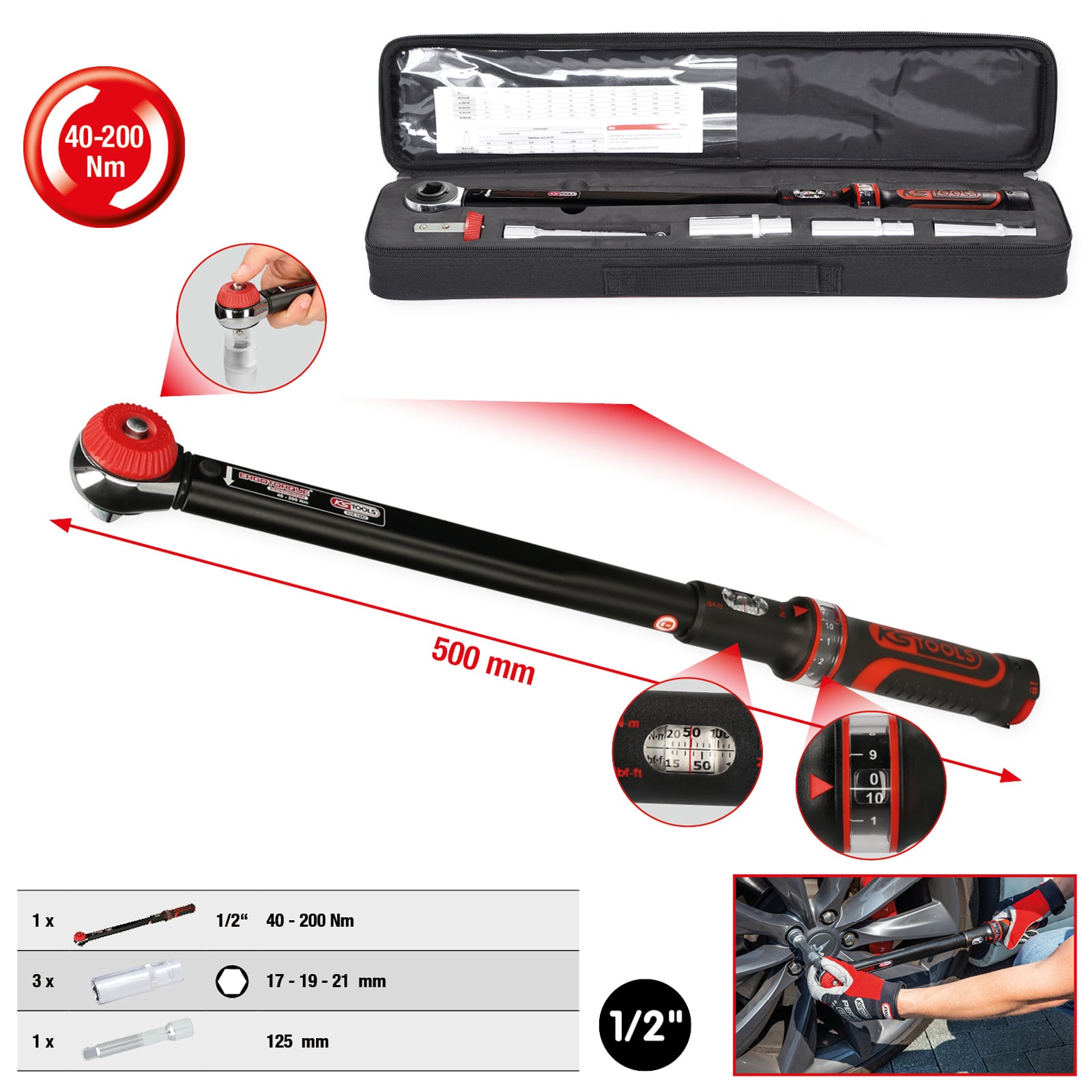 KS TOOLS 1/2"ERGOTORQUEprecision Drehmomentschlüssel-Satz 40 - 200 Nm 5tlg. - 516.1905
