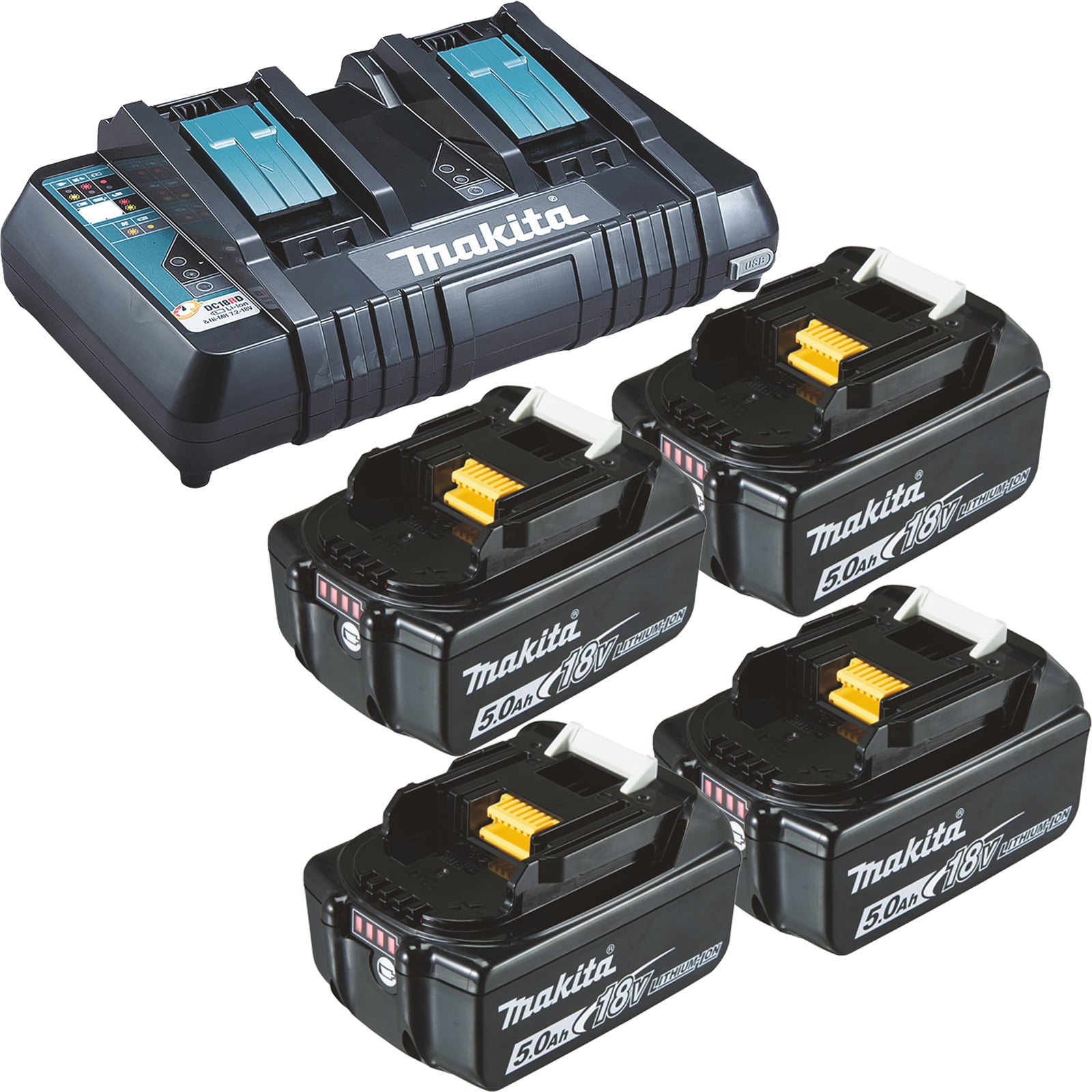Makita 4x BL1850B Akku 5,0 Ah 18V Li-Ion + DC18RD Doppelschnellladegerät - DC18RD-BL1850-4x