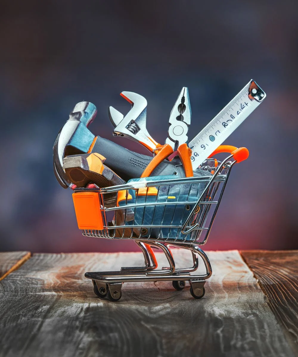 Einkaufswagen mit verschiedenen Werkzeugen wie Hammer, Zange und Maßstab