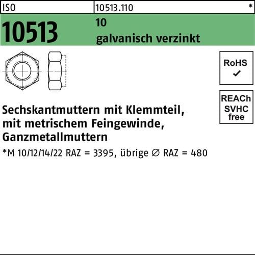 Sechskantmutter ISO 10513/DIN 6925 Klemmteil M10x1 10 galv.verz. 100St.