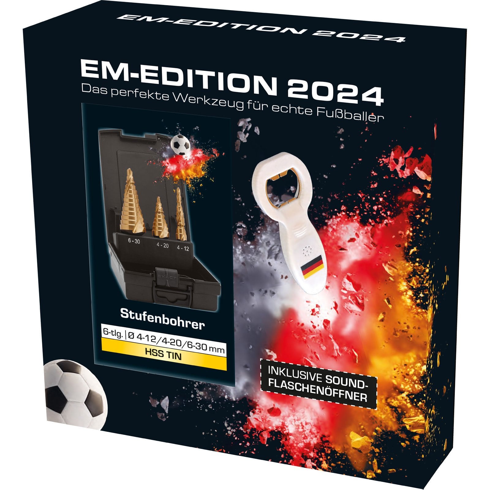 EXACT Stufenbohrer-Set "EURO2024" Ø4-12/4-20/6-30mm, Spiralnute, HSS-TiN, 3-tlg., inkl. Sound-Flaschenöffner