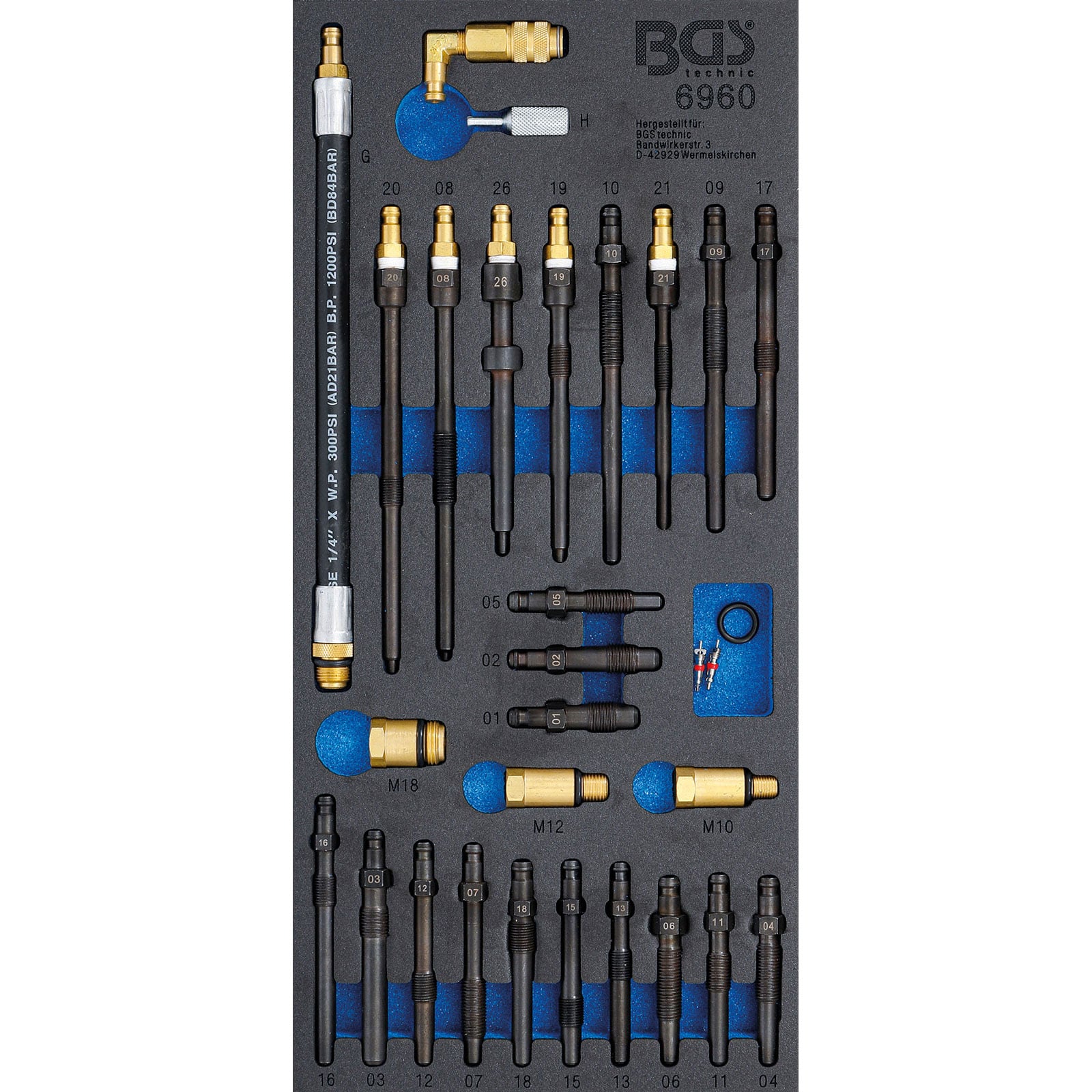 BGS Werkstattwageneinlage 1/3: Adapter-Satz für Kompressions- und Druckverlusttester 30tlg. - 6960