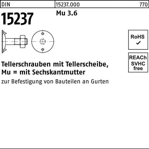 Tellerschraube DIN 15237 6-ktmutter M8x 25 3.6 100 Stück