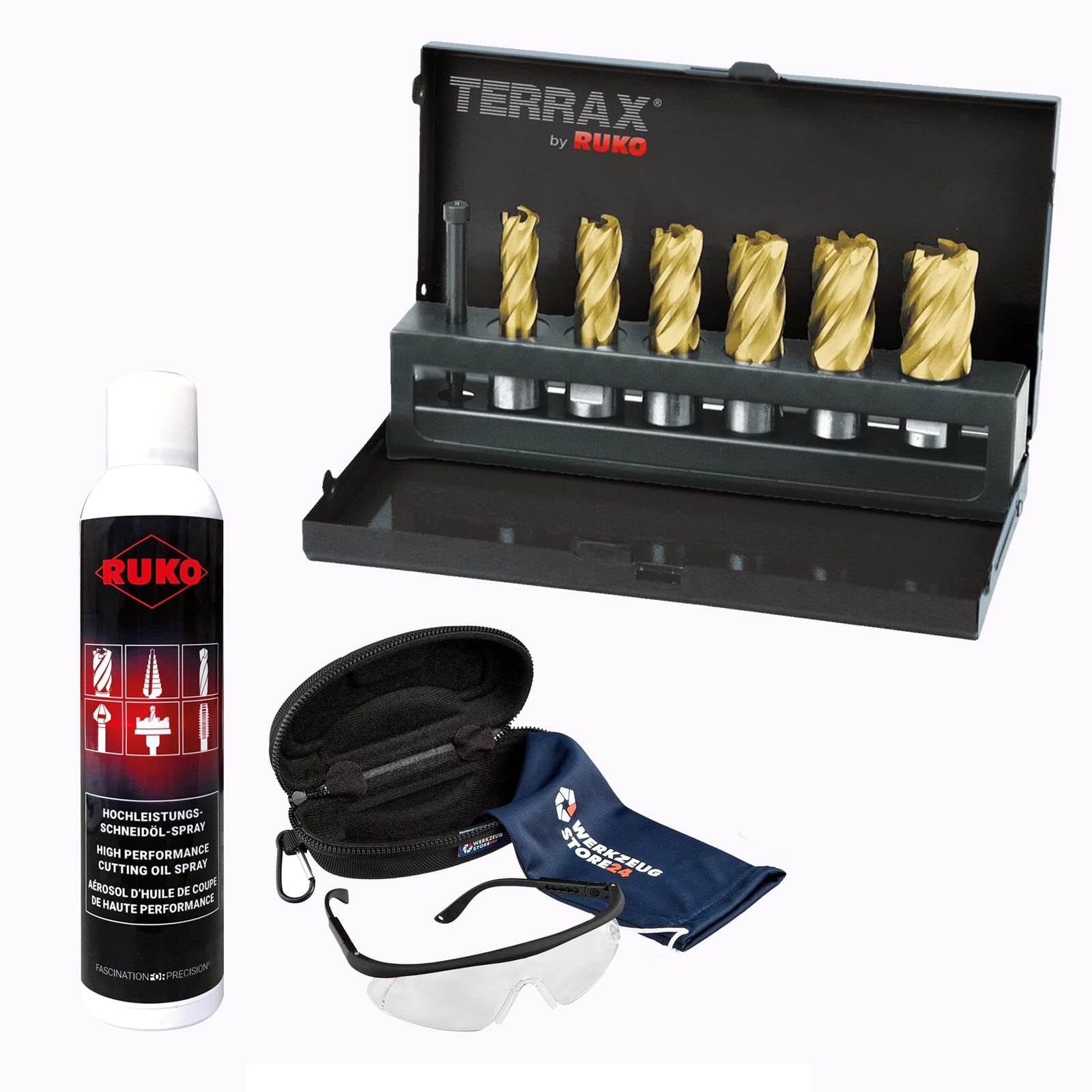 TERRAX by RUKO Kernbohrer-Satz HSS-TiN mit Weldonschaft (3/4"), CBN-geschliffen 7tlg. inkl. Spray & Schutzbrille - WZSA108820T