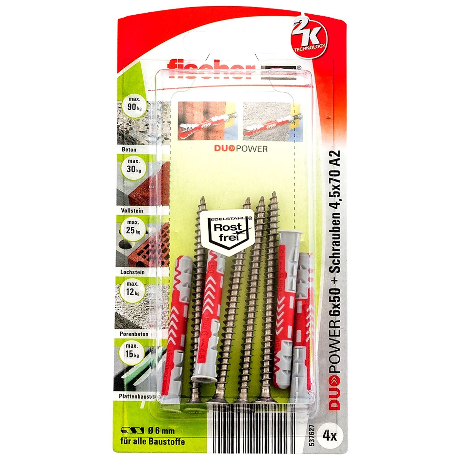 Fischer 4x DUOPOWER 6x50 Schraube nicht rostender Stahl A2 - 537627