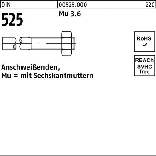 Anschweißende DIN 525 Sechskantmutter M20x 210/75 Mu 3.6 25 Stück