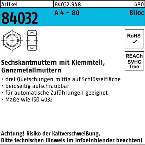 Sechskantmutter R 84032 Biloc Klemmteil M10 A 4 - 80 500 Stück