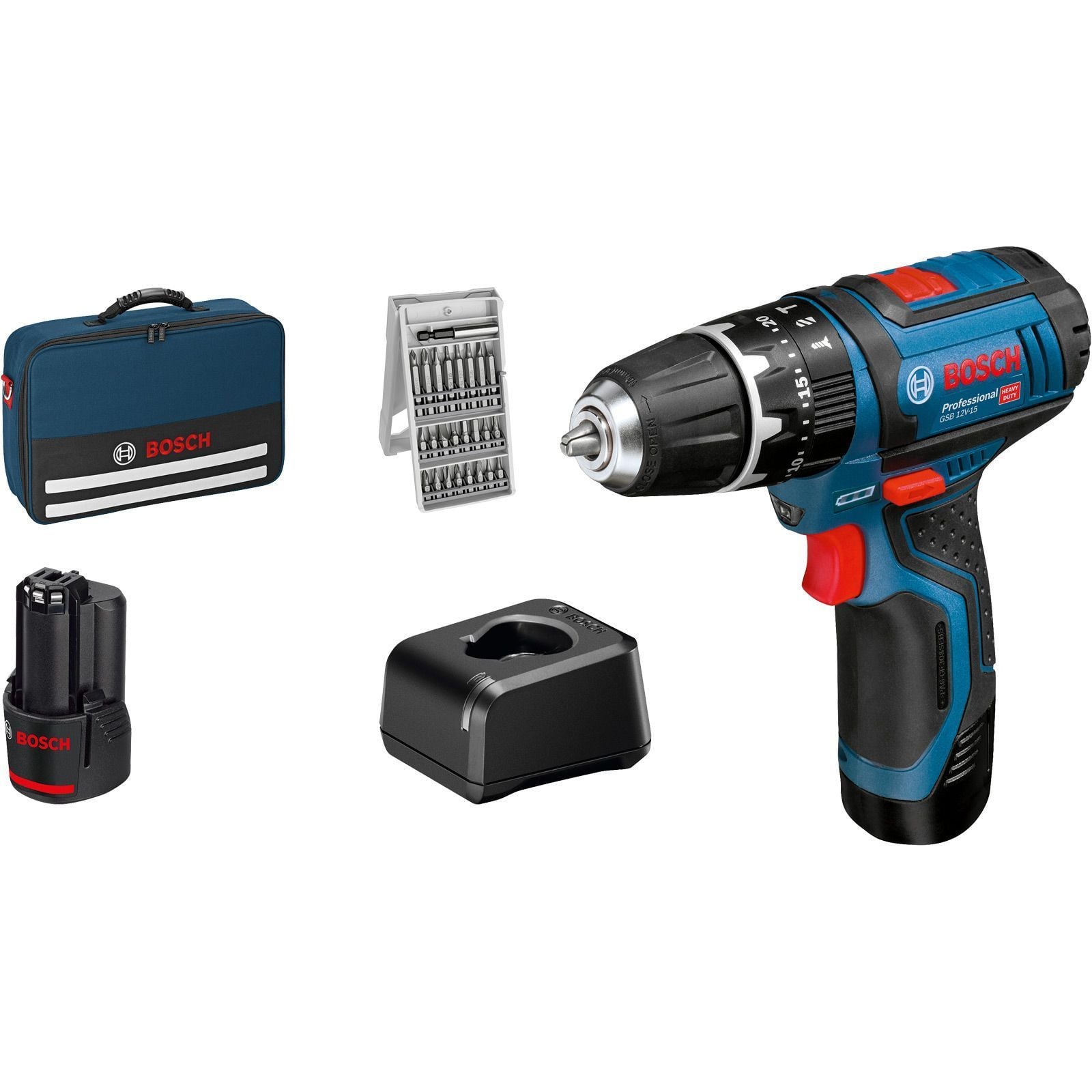 Bosch Akku-Schlagbohrschrauber GSB 12V-15 12 V / 2x 2,0 Ah Akku + Ladegerät inkl. Zubehör-Set im Softbag - 06019B690K