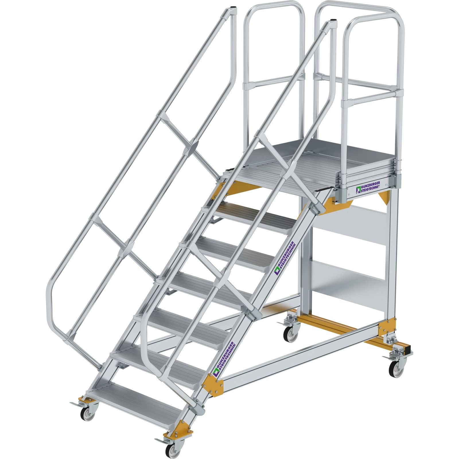 Günzburger Steigtechnik Plattformtreppe 45° fahrbar Stufenbreite 0,8 m 7 Stufen Aluminium geriffelt - 600787