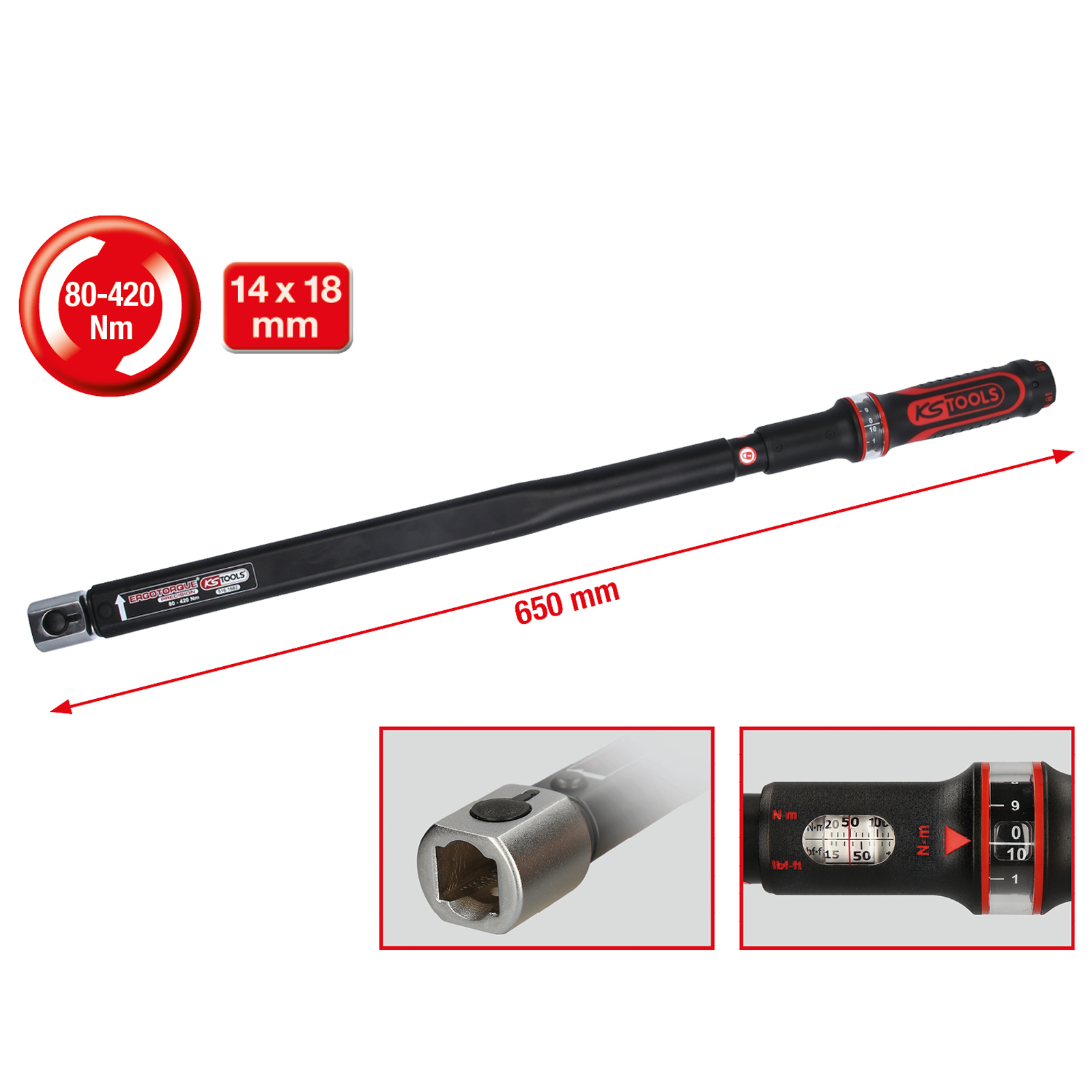 KS TOOLS 14 x 18 mm ERGOTORQUEprecision Einsteck-Drehmomentschlüssel 80 - 420 Nm - 516.1682