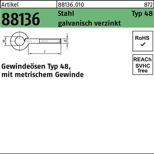Gewindeöse R 88136 Typ 48 M3x 15 D 5 Stahl galv.verz. 100 Stück