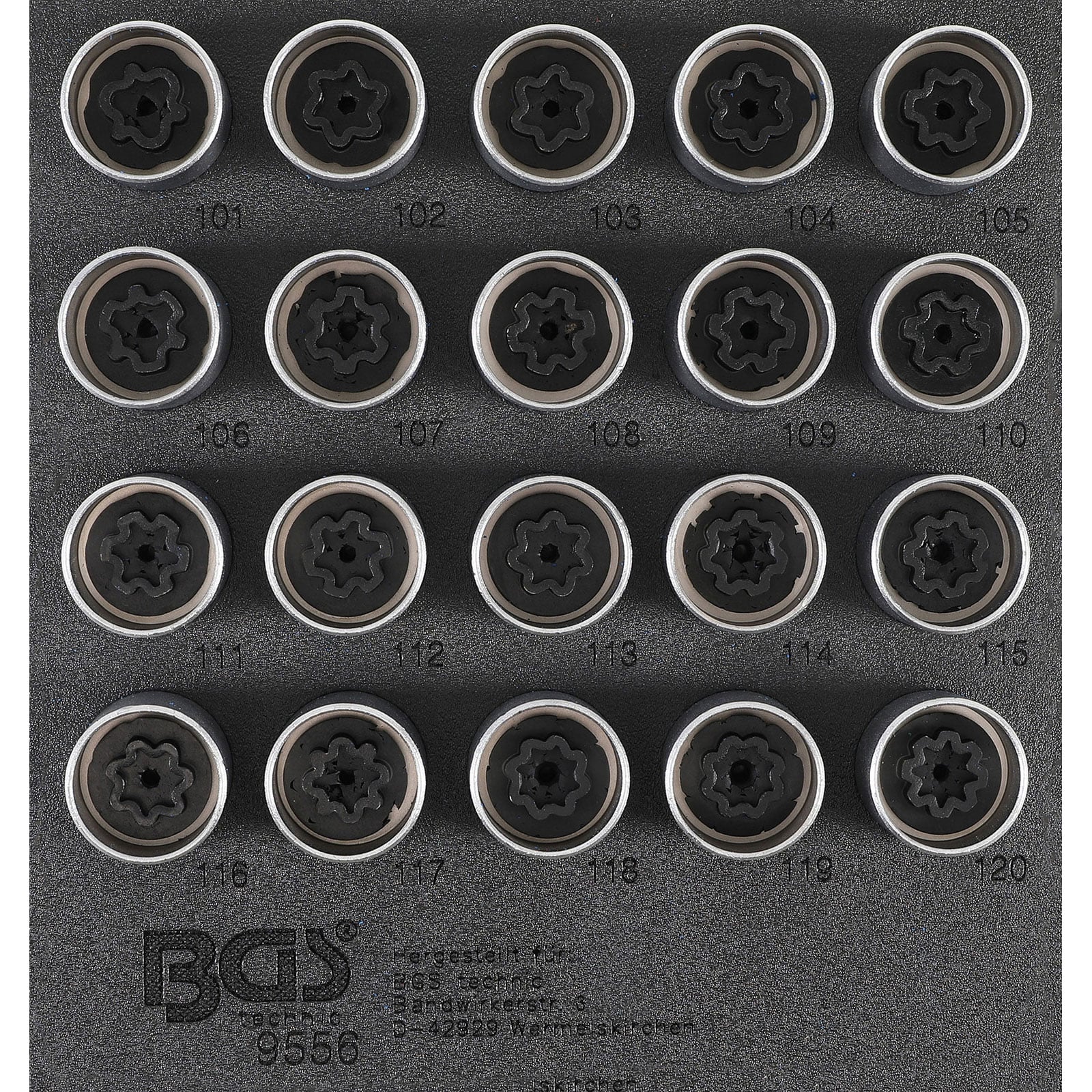 BGS Werkstattwageneinlage 1/6: Felgenschloss-Werkzeug-Satz für Opel (Typ A) 20tlg. - 9556