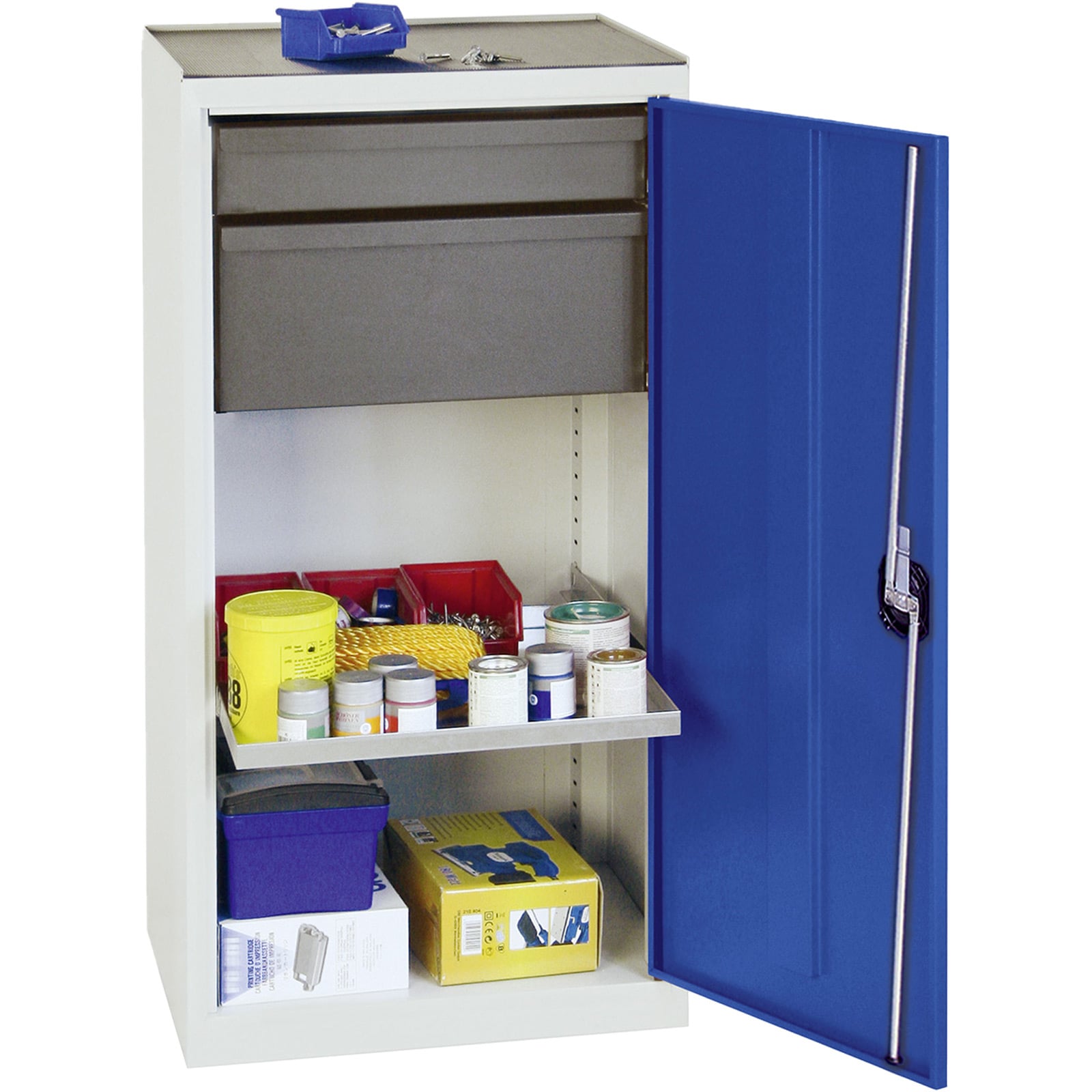Stumpf Werkzeug- und Materialschrank Serie 3000 lichtgrau / enzianblau + 1 Schublade 100 mm + 1 Schublade 200 mm + 1 Auszugsboden - 3001374