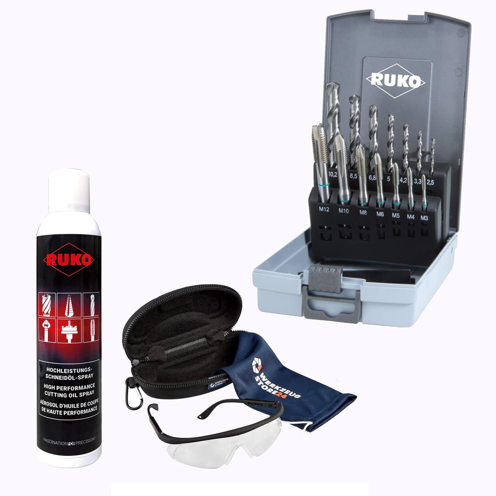 RUKO Maschinengewindebohrer-Satz HSS, 14tlg., M3–M12 Form B, inkl. Spiralbohrer Typ N, DIN 371/376/338 inkl. Spray & Schutzbrille - WZS245048RO