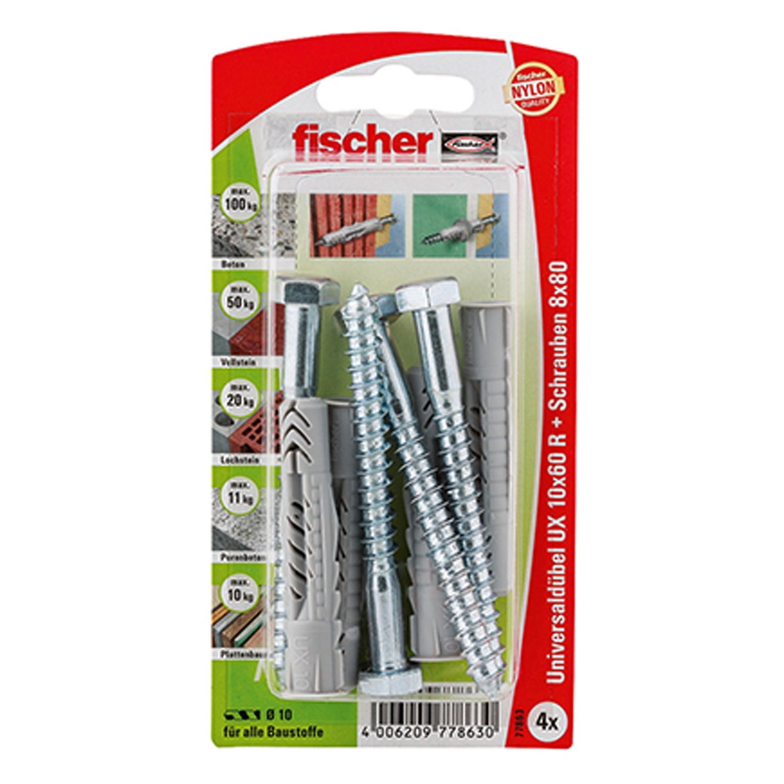 Fischer 4x Universaldübel UX 10 x 60 mm R S mit Rand und Schraube - 77863