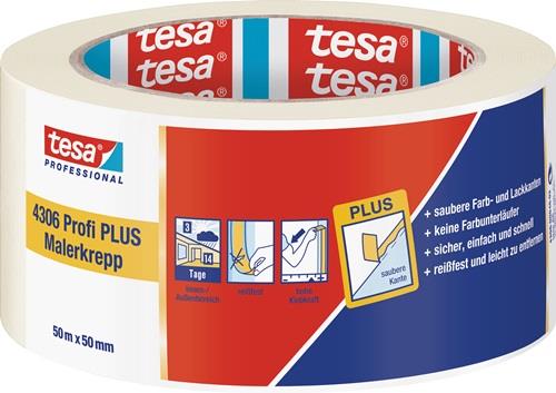 Tesa Malerkreppband 4306 Profi PLUS leicht gekreppt B.50 mm - 04306-00046-02