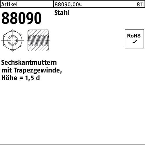 Sechskantmutter R 88090 m.Trapezgewinde TR20x4-SW30x30 Stahl Höhe=1,5d 10 Stück