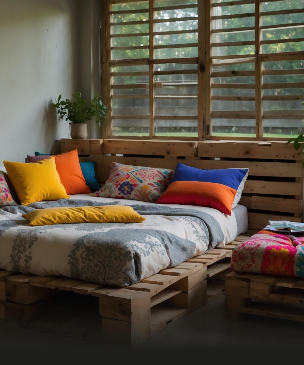 Schlafzimmer mit bunten Kissen und Fenster