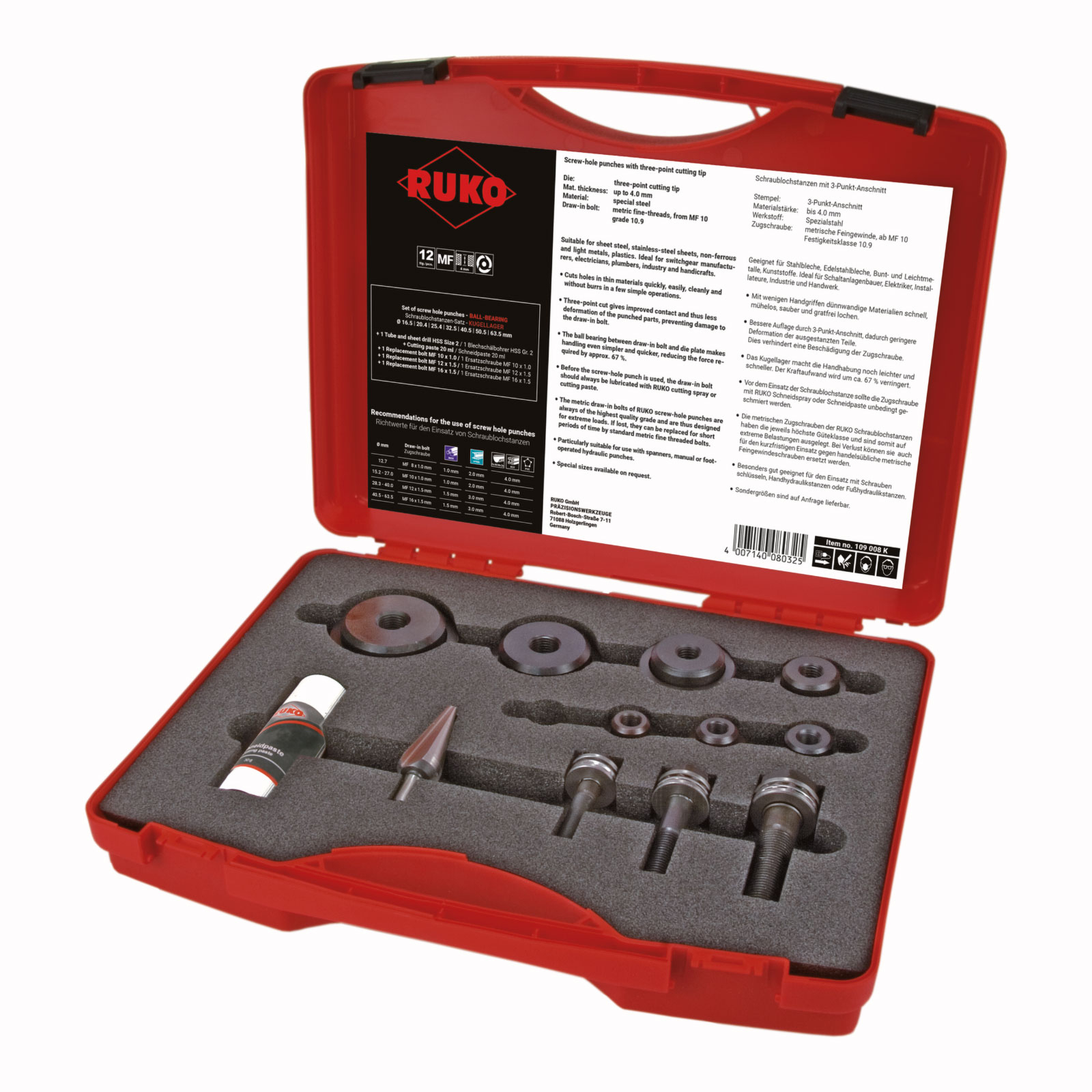 RUKO Schraublochstanzen-Satz mit Kugellager im Kunststoffkoffer - 12 tlg. - 109008K