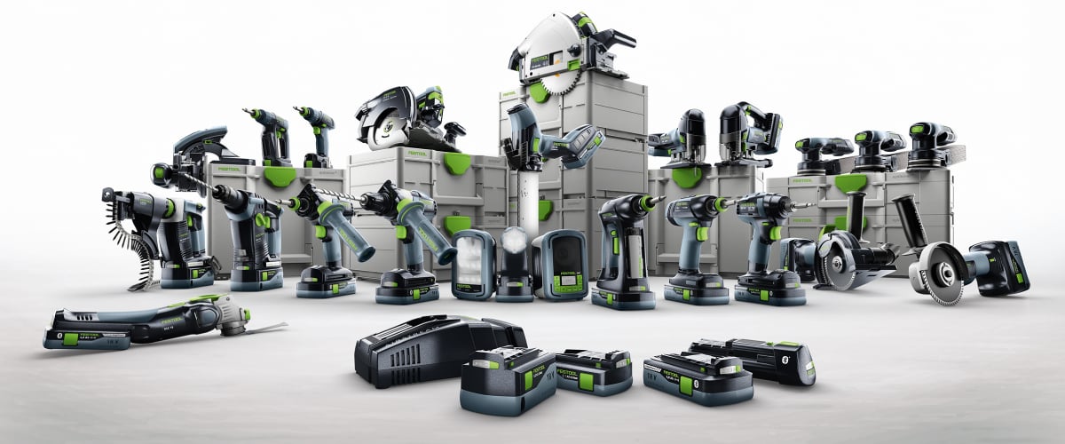 Festool Werkzeugsammlung mit Akkugeräten und Systainern